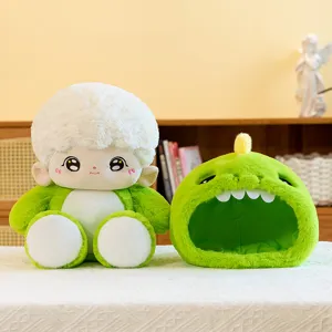 Lindo juguete de peluche de coliflor con sombrero de dinosaurio verde, muñeca suave.