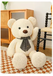 Grand peluche ours en peluche beige mignon avec nœud papillon, poupée douce cadeau d'enfant.