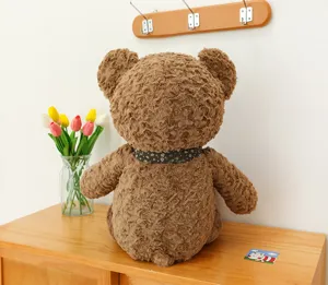 Vue détaillée du mignon ours en peluche marron avec écharpe florale, assis doucement.