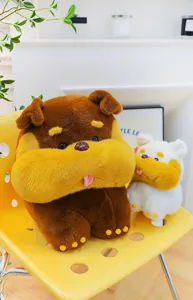 Detailed view of cute simulation cartoon dog plush toys, soft and fluffy kids gift.