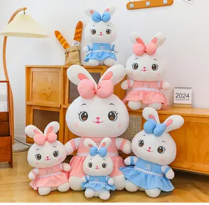Cute couple rabbit plush toy set with dress and bow, soft bunny doll gift for girls sleeping pillow.