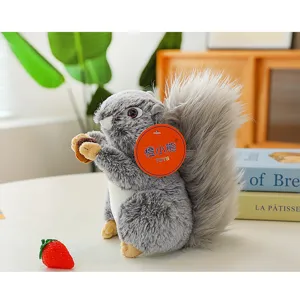 Detailed view of realistic fluffy squirrel plush toy holding a nut, perfect showcase decor.
