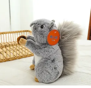Detailed view of fluffy gray squirrel plush toy holding a nut, realistic fur and cute expression.