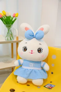Cute rabbit plush toy with blue dress and bow. Soft stuffed bunny doll for girls gift.