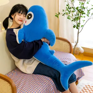 Cute blue shark plush toy soft pillow, large stuffed animal doll for kids and home decor.