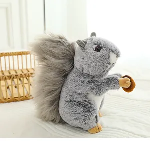Realistic squirrel plush toy detail view, fluffy tail holding acorn, soft children gift.