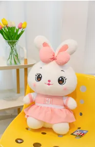 Cute plush bunny toy with pink dress and bow, soft rabbit doll gift for girls sleeping pillow