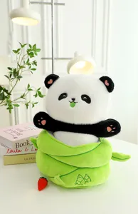 Detailed shot of cute panda plush toy emerging from green bamboo shoot, soft fabric.