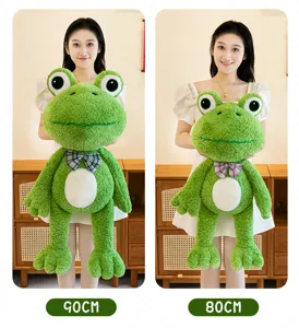 Cute giant green frog plush toy with bow tie, soft stuffed doll in 90cm and 80cm options.