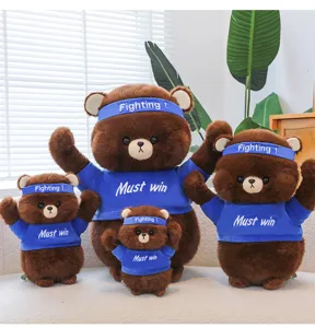 Cute brown teddy bear plush toy set wearing blue fighting headband and sport clothes for kids gift