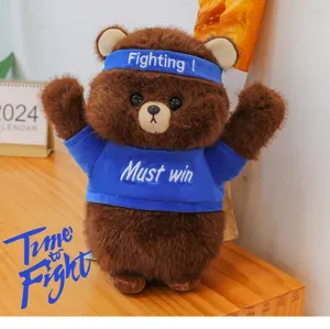 Brown plush bear doll cute teddy bear toy with fighting headband and sports clothes for kids.
