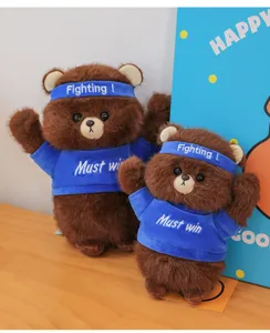 Brown plush teddy bear doll set with blue sportswear, cute stuffed toy gift for kids.