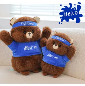 Cute brown plush bear doll set with sports headband and blue shirt toy gift for boys