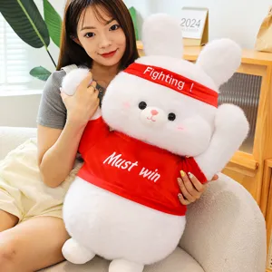 Cute cheering rabbit plush toy doll, soft stuffed cartoon animal pillow for kids birthday gift.