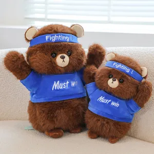 Cute Brown Plush Bear Stuffed Animal Toy Soft Cuddly Teddy Bear With Sport Headband And T-Shirt Gift For Kids Boys