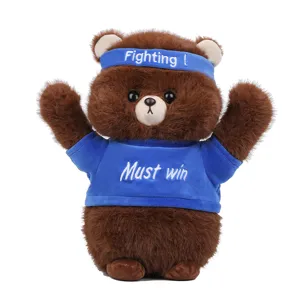 Brown plush teddy bear doll wearing blue headband and t shirt for cute gift wholesale