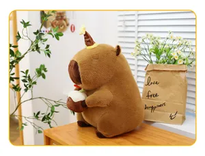 Cute capybara plush toy holding birthday cake, soft stuffed animal doll for girls and kids.