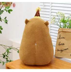 Cute capybara plush toy with birthday cake hat, soft stuffed animal doll for girls and kids.