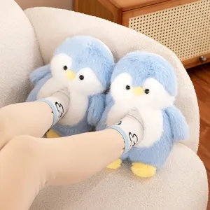 Cute blue penguin plush slippers for women, soft cozy warm winter indoor home cotton shoes.