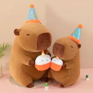 Cute Capybara Plush Toy Stuffed Animal Doll Soft Pillow With Birthday Party Hat And Cake Gift For Girls