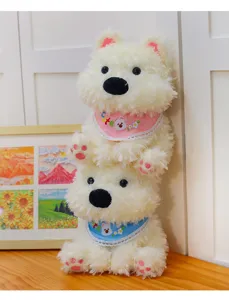 Cute white terrier puppy plush toy detail view, fluffy stuffed animal with cute bibs.