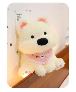Cute fluffy white puppy plush toy detail view, soft stuffed dog doll with sweet pink bib.