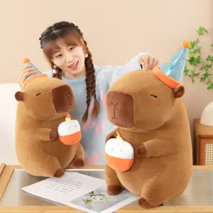 Capybara plush toy with birthday hat and cake cute stuffed animal doll for kids gift