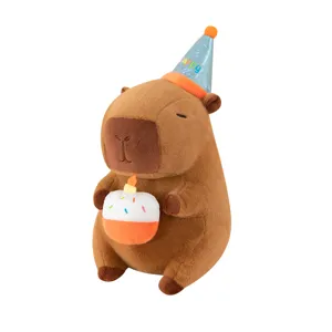 Cute capybara plush toy with birthday hat and cake stuffed animal doll gift for girls