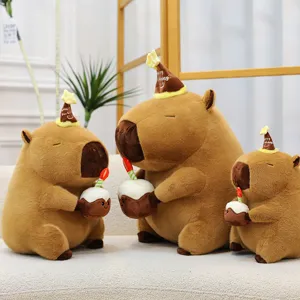 Cute capybara plush toy set with birthday cake and party hat soft stuffed animal gift