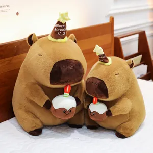 Cute capybara plush toy with birthday cake, soft stuffed animal doll gift for girls kids