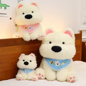Cute sitting West Highland white dog plush toy with adorable bib, perfect birthday gift.