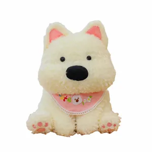 Cute sitting white dog plush toy fluffy stuffed animal doll with pink bib gift for kids