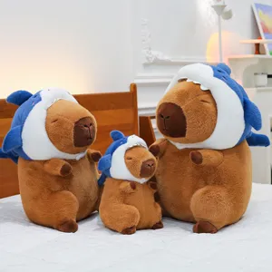 Cute Capybara plush toy with removable shark hood, soft stuffed animal gift for girls.