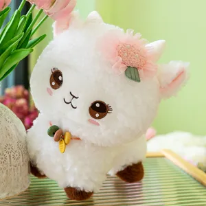 Cute plush sheep alpaca doll toy with pink flower decor and charm necklace for kids birthday gift