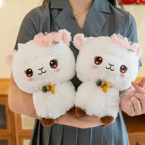 Cute plush alpaca toy with pink lace flower and colorful beads, soft and fluffy gift.