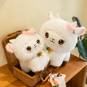 Cute fluffy alpaca plush toy with floral headwear and bead necklace for kids birthday gift.