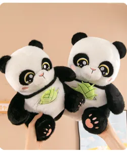 Cute panda plush toy with zipper bamboo shoot belly pocket, soft stuffed animal gift for kids.