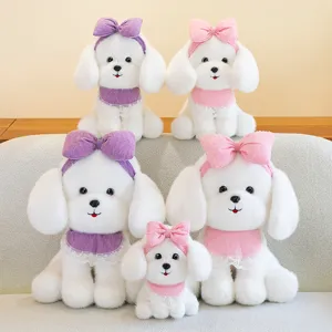 Cute simulation princess poodle plush toy doll, soft stuffed puppy with bowknot and bib.