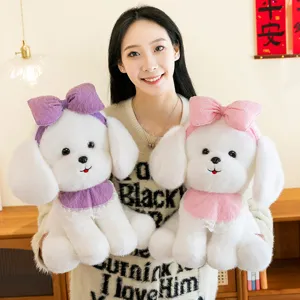 Cute simulation princess white poodle plush toy doll with bow and bib for kids birthday gift