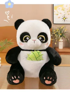 Detailed shot of the cute panda plush toy with a zipper pocket and soft bamboo shoot accessory.