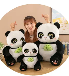 Detailed view of cute panda plush toy featuring a soft stuffed doll with bamboo pocket.