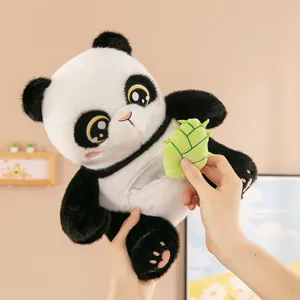 Cute panda plush toy with zipper bamboo shoot design, soft stuffed animal doll gift for kids.