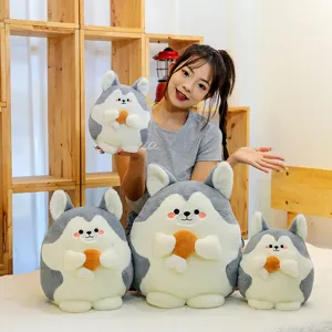 Cute fluffy husky plush toy holding chicken leg, soft sleeping pillow and birthday gift for kids.