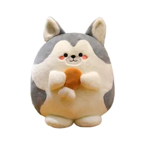 Cute round husky plush toy pillow holding chicken drumstick soft doll main view