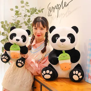 Cute Giant Panda Plush Toy Stuffed Animal with Boba Milk Tea Soft Doll Gift for Kids