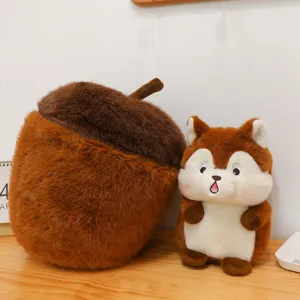 Cute plush acorn pillow and squirrel stuffed toy set, soft cuddly doll gift for kids and girls.
