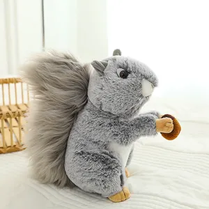 Realistic gray squirrel plush toy holding acorn cute stuffed animal doll for kids gift