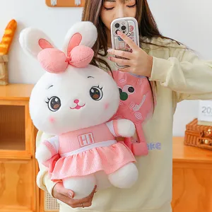 Cute plush rabbit toy with pink dress, soft stuffed bunny doll for girls, sleeping gift.