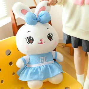 Cute couple white plush bunny toy featuring blue dress and bow, soft doll gift for girls.