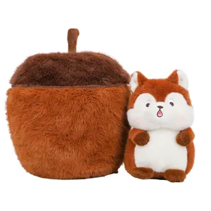 Cute acorn plush storage pillow and squirrel stuffed toy set for kids and girls birthday gifts.